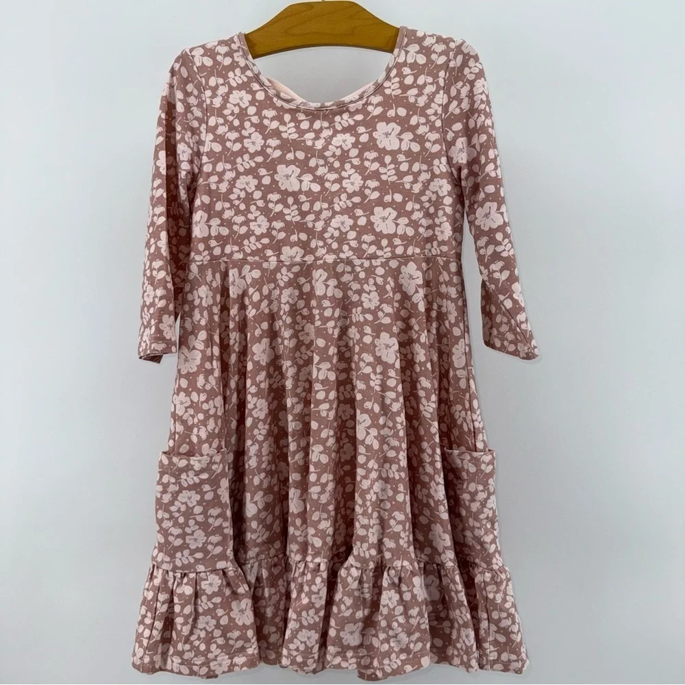 SweetHoney Blush Floral Ruffle Hem Girls Dress with Back Bow